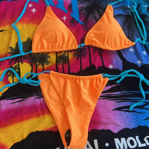 ZAFUL Electric Orange & Neon Blue String BIKINI Women’s Size 6 TOP & BOTTOM SWIM - Picture 2 of 9